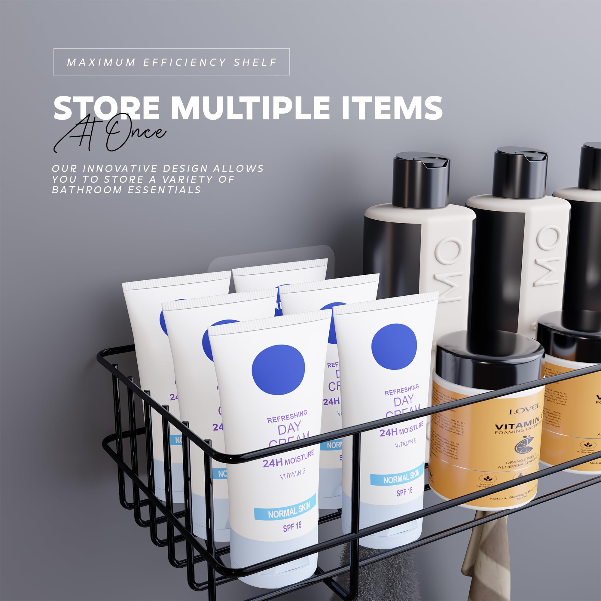 MIORAH 2 Pack Self Adhesive Bathroom Organizer – No Drill Wall Mounted Bathroom Shelves & Rack for Modern Space Saving Storage